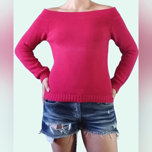 Red Off the Shoulder Sweater - Picture 1 of 2